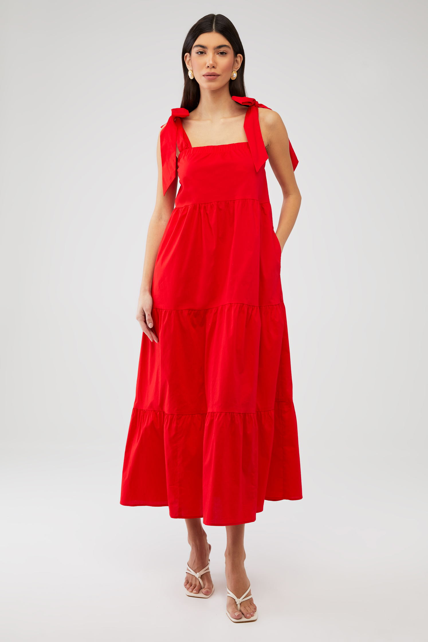 saira midi dress in orange sorbet Bardot