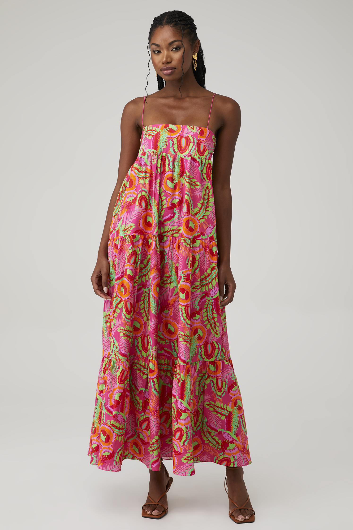 ruffle sleeve midi dress in oasis palms Oasis Midi Dress | Square Neck Dress