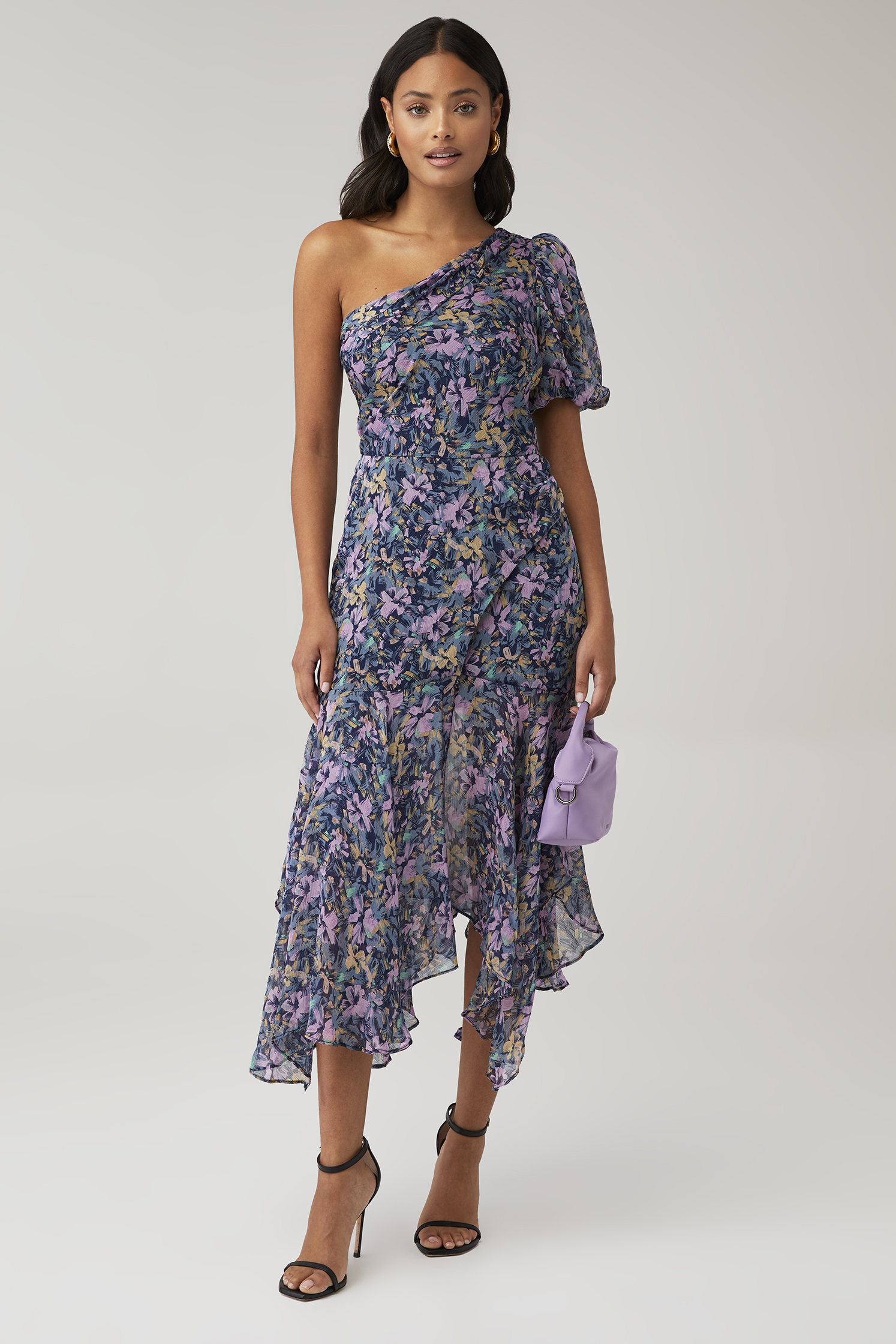 astr santorini one shoulder midi dress ASTR the Label Santorini Floral One Shoulder Dress in Black-Ivory Floral at Nordstrom, Size Small