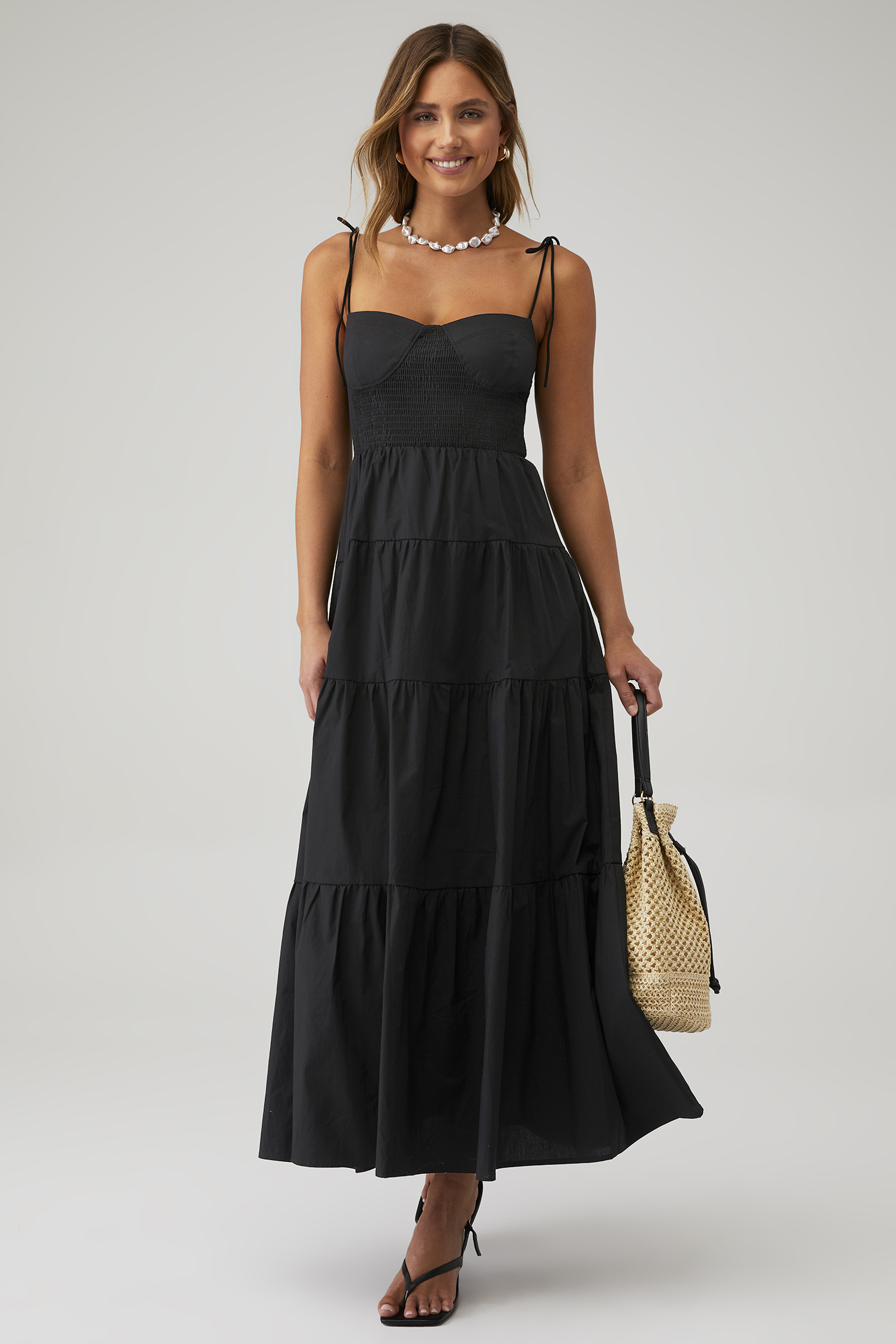 【美品】Marga2way Bicolor tiered dress black x-fashionpass-smocked-cupped-